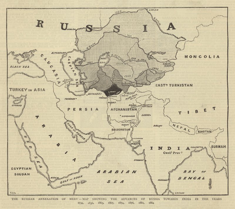De Russische annexatie van Merv, kaart die de vooruitgangen van Rusland richting India toont in de jaren 1734, 1836, 1863, 1867, 1874, 1876, 1881, 1884 door English School