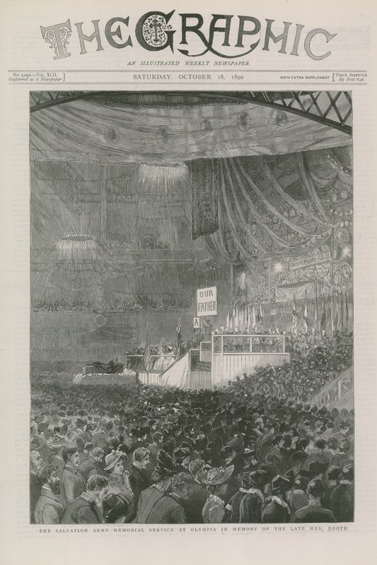 De herdenkingsdienst van het Leger des Heils in Olympia ter nagedachtenis aan wijlen mevrouw Booth door English School