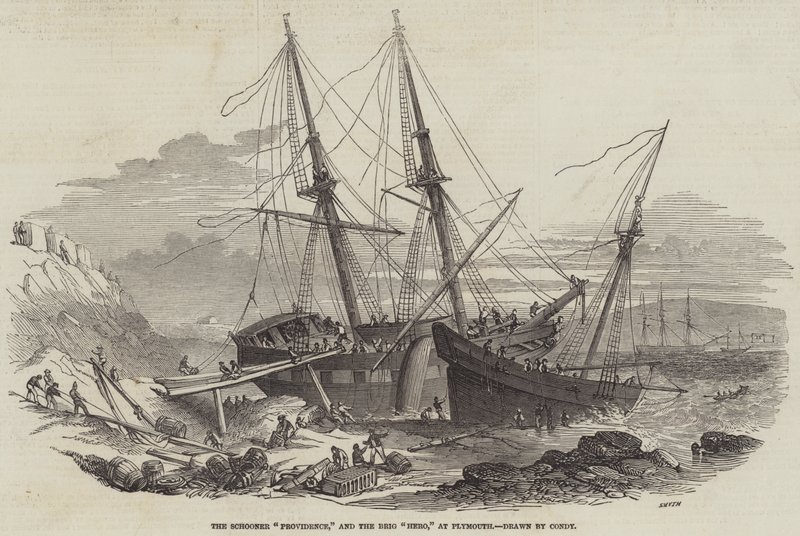 De Schoener "Providence," en de Brig "Hero," in Plymouth (gravure) door English School
