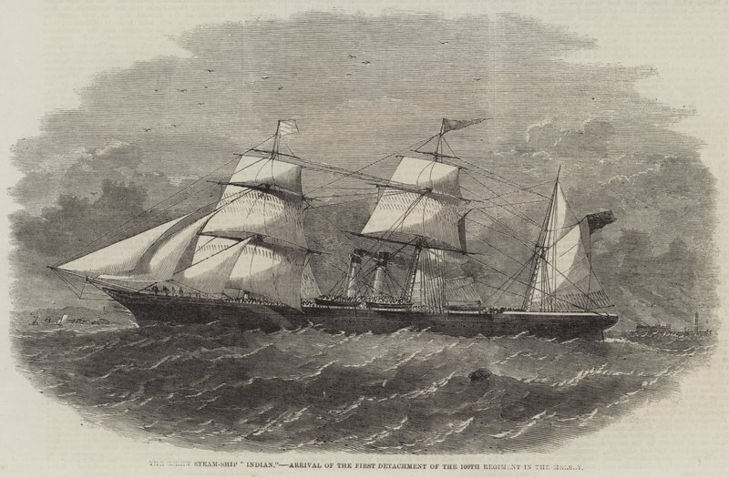De Schroefstoomboot "Indian," Aankomst van het Eerste Detachement van het 100e Regiment in de Mersey (gravure) door English School