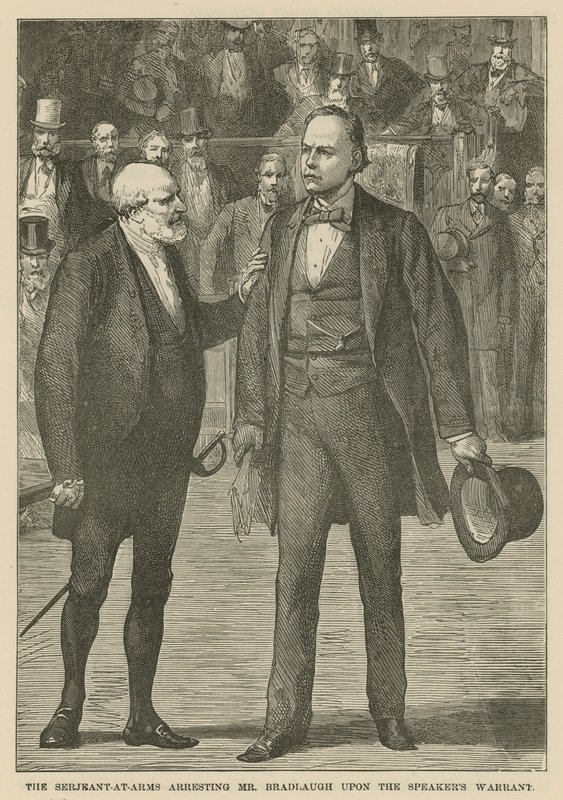 De Serjeant-at-Arms arresteert de heer Bradlaugh op bevel van de Spreker door English School