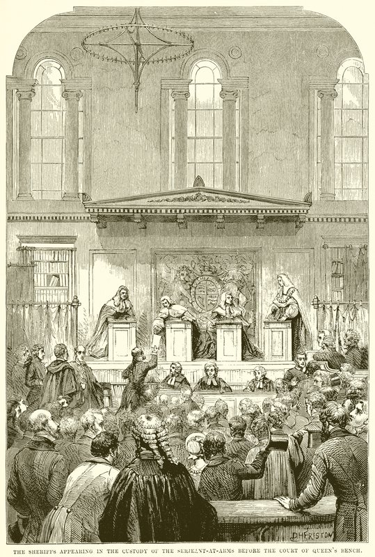 De sheriffs verschijnen in de bewaring van de sergeant-at-arms voor het hof van Queens Bench door English School