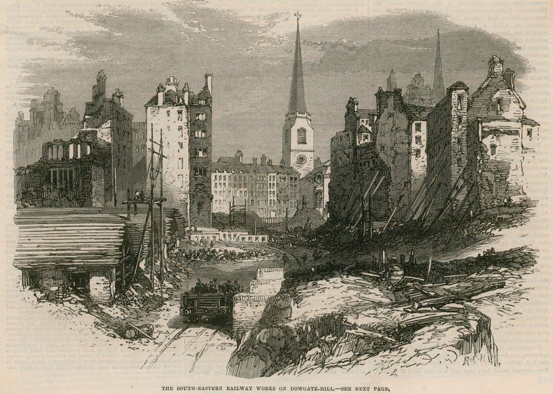 De Zuid-Oostelijke Spoorwegwerken op Dowgate Hill, Londen door English School