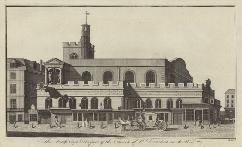 Het zuidoostelijke uitzicht op de kerk van St. Dunstan in the West, Londen door English School