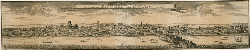Het Zuidelijke Uitzicht van Londen, na de Grote Brand van 1666 door English School