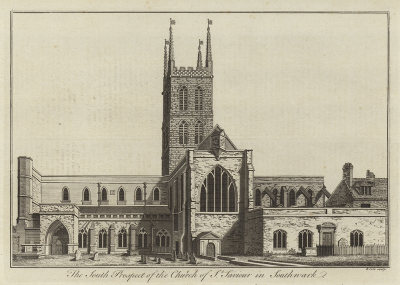 Het zuidelijke uitzicht op de kerk van St. Saviour in Southwark door English School