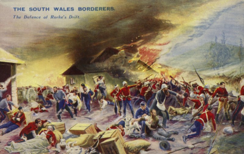 De South Wales Borderers bij de verdediging van Rorkes Drift, Zuid-Afrika, Zoeloe-oorlog, 1879 door English School