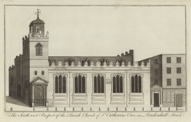 Het zuidwestelijke aanzicht van de parochiekerk van St Catherine Cree in Leadenhall Street, Londen door English School