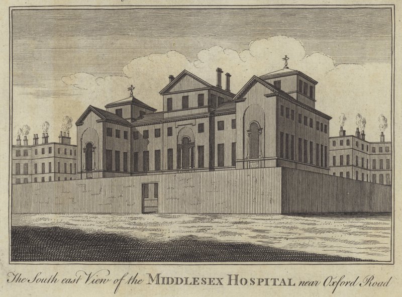 Het zuidoostelijke uitzicht van het Middlesex Hospital nabij Oxford Road, Londen door English School