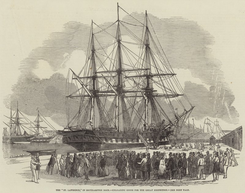 De "St Lawrence," in Southampton Dock, goederen lossend voor de Grote Tentoonstelling door English School