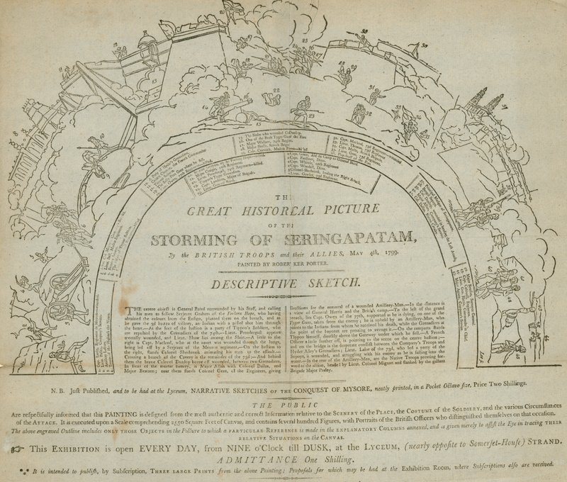 De Bestorming van Seringapatam, geschilderd door Robert Ker Porter, panorama in het Lyceum, Strand, Londen door English School