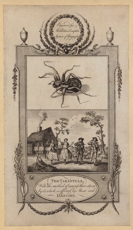 De tarantula, met de methode om degenen die door hem gestoken zijn te genezen, wat wordt bereikt door muziek en dans (gravure) door English School