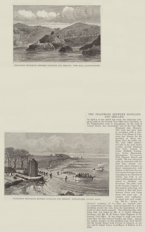 De telefoon tussen Schotland en Ierland (gravure) door English School