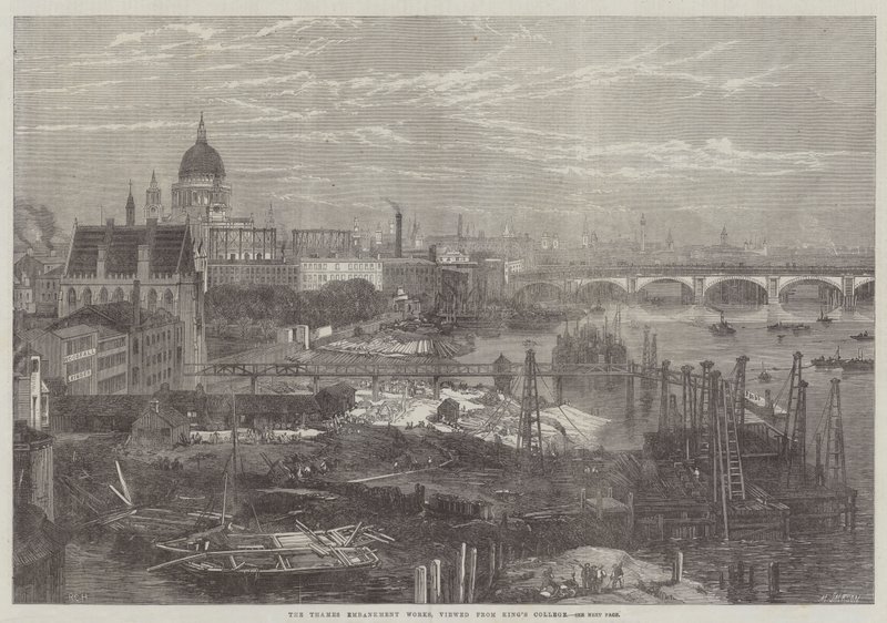 De Thames Embankment-werken, gezien vanaf King