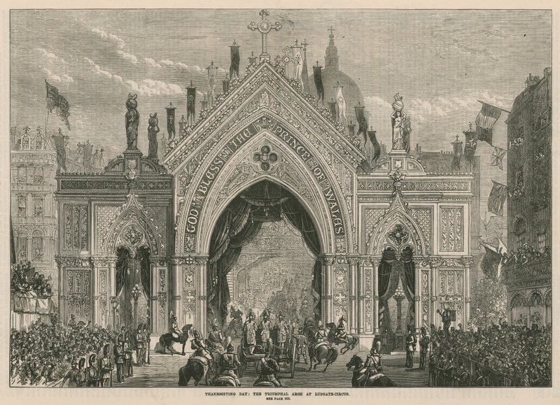 Dankdag: de triomfboog bij Ludgate Hill door English School