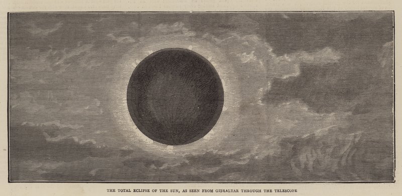 De Totale Zonsverduistering, gezien vanuit Gibraltar door de Telescoop (gravure) door English School