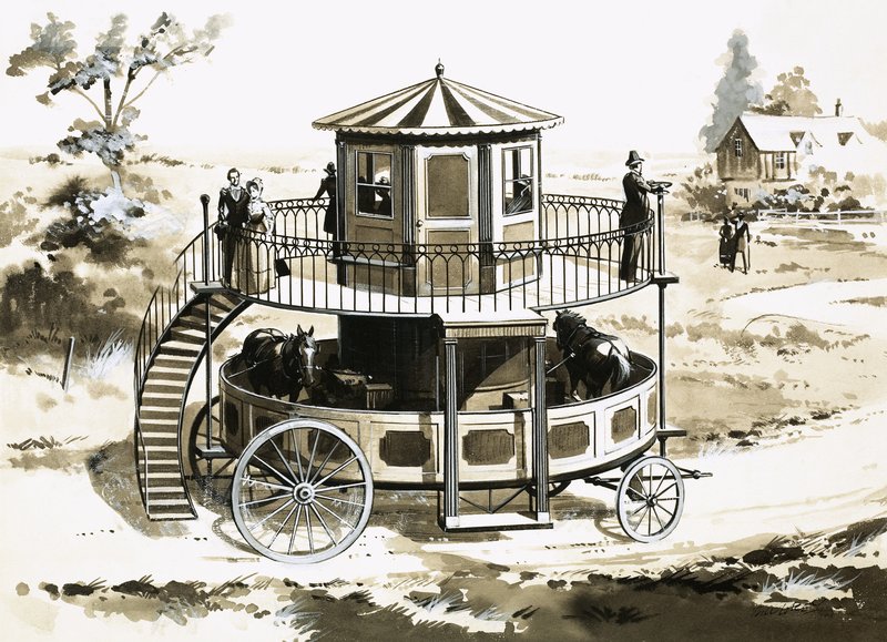 De loopbandbus, uitgevonden in 1824 door William Francis Snowdon door English School