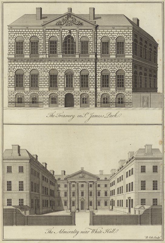 De schatkist in St Jamess Park en het admiraliteit nabij Whitehall, Westminster door English School