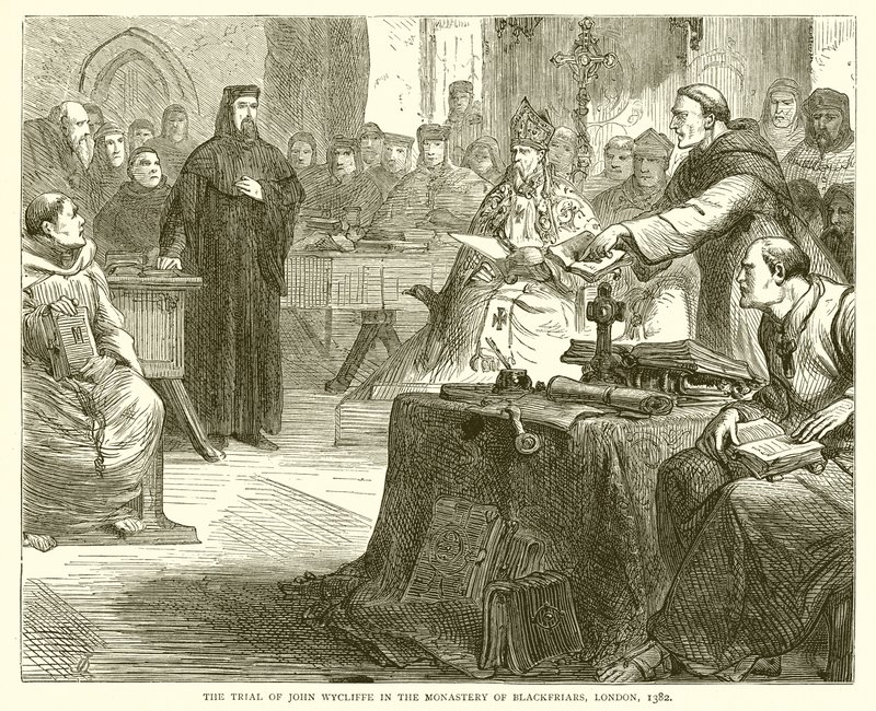 Het proces van John Wycliffe in het klooster van Blackfriars, Londen, 1382 door English School