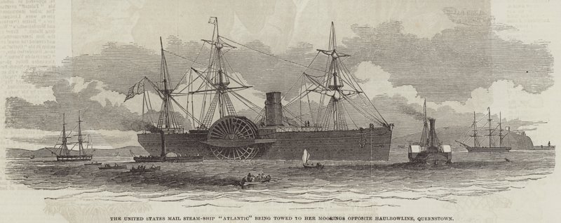 De Amerikaanse poststoomboot "Atlantic" wordt naar haar ligplaats gesleept tegenover Haulbowline, Queenstown door English School