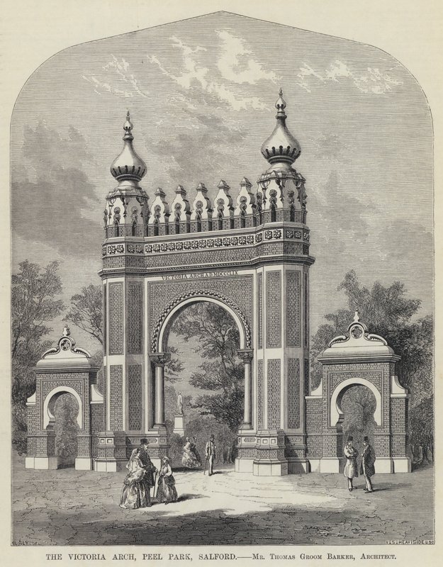 De Victoria Arch, Peel Park, Salford door English School
