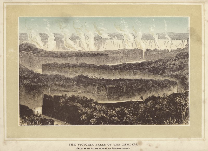 De Victoriawatervallen van de Zambesi, door de inboorlingen Mosyoatunya genoemd, rook-klinkend (gekleurde gravure) door English School