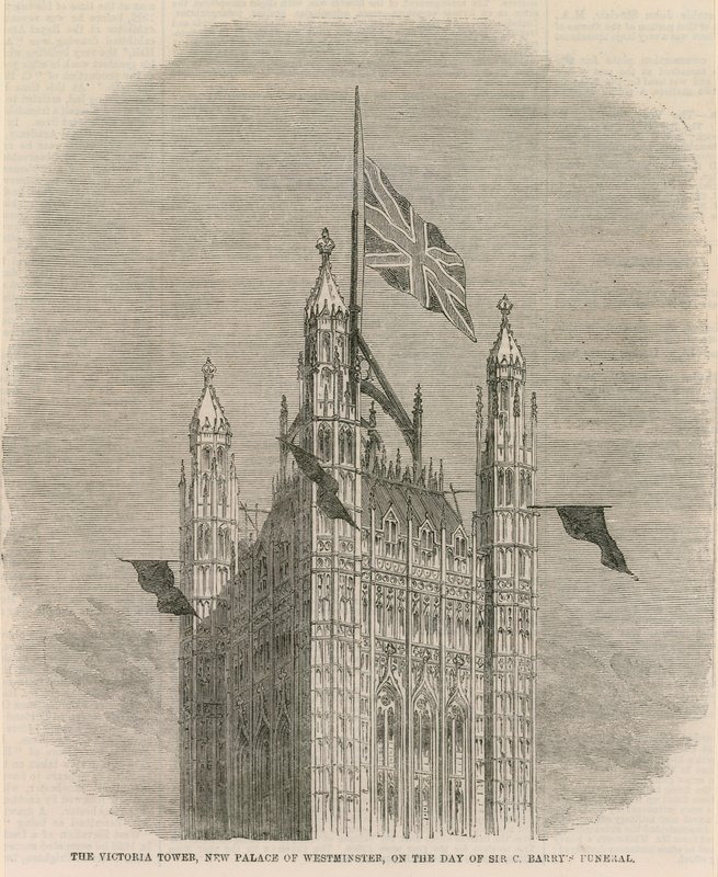 De Victoria Tower, nieuw Palace of Westminster, op de dag van Sir C Barnets begrafenis door English School