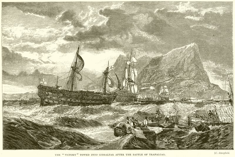 De Victory gesleept naar Gibraltar na de Slag bij Trafalgar door English School