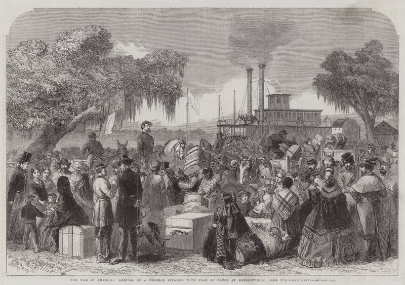 De Oorlog in Amerika, Aankomst van een Federale Stoomboot met Vredesvlag in Madisonville, Lake Portchartrain (gravure) door English School