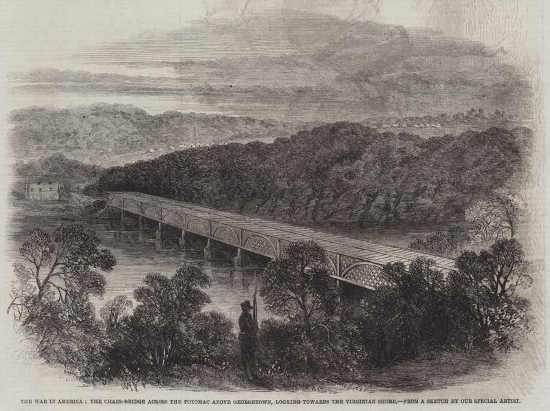 De Oorlog in Amerika, de Kettingbrug over de Potomac boven Georgetown, kijkend naar de Virginia Oever door English School