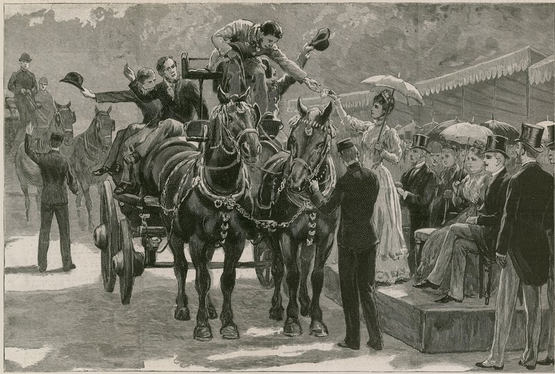 De Whit Monday carthorse parade in Regents Park; Prinses May presenteert de badges door English School