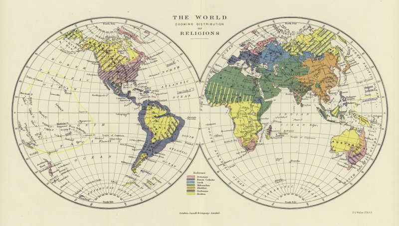 De wereld die de verdeling van religies toont door English School