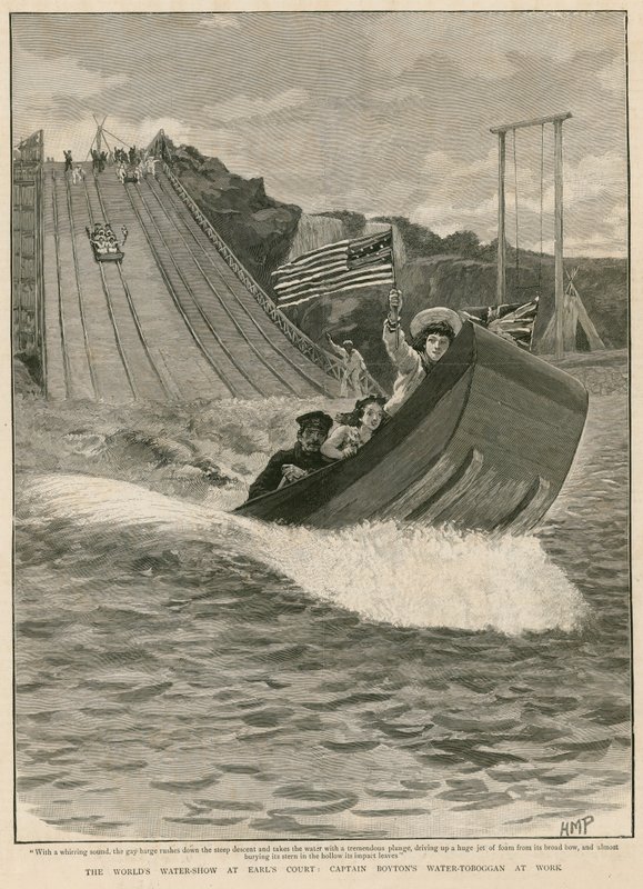 De Wereld Water Show in Earls Court, Londen; Captain Boytons Water Toboggan in actie door English School