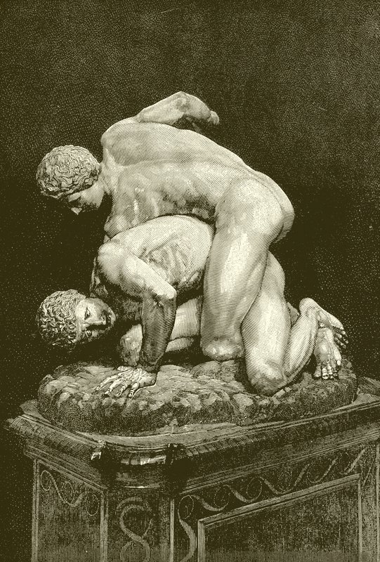 De worstelaars. Marmeren groep in de Uffizi-galerij in Florence (gravure) door English School