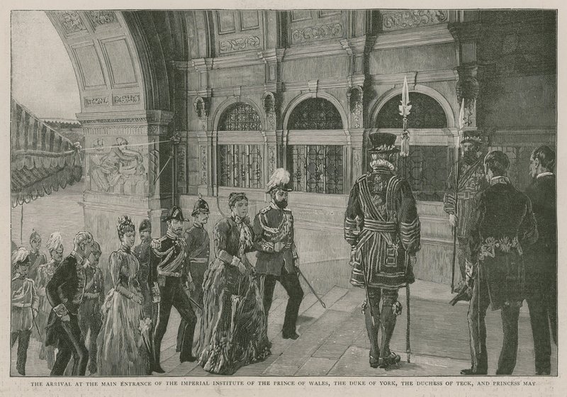 De aankomst bij de hoofdingang van het Imperial Institute van de Prins van Wales, de Hertog van York, de Hertogin van Teck en Prinses May door English School