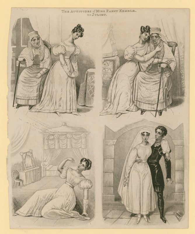 De houdingen van Miss Fanny Kemble als Juliet door English School