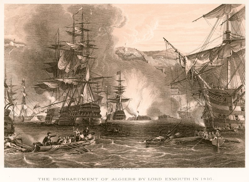 Het bombardement van Algiers door Lord Exmouth in 1816 door English School
