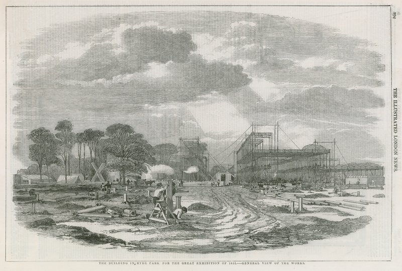 Het gebouw in Hyde Park, Londen, voor de Grote Tentoonstelling van 1851 door English School