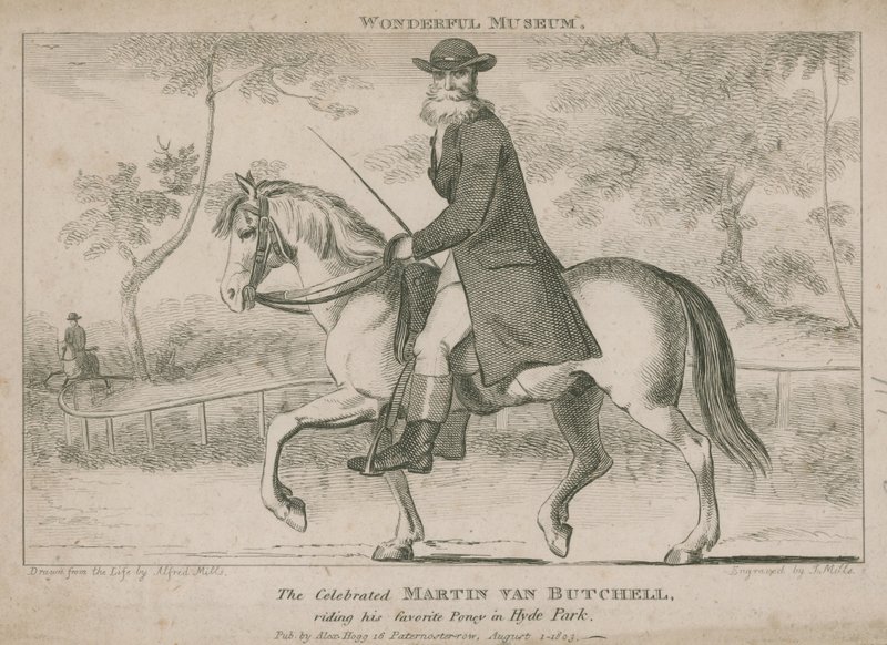 De beroemde Martin Van Butchell rijdend op zijn favoriete pony in Hyde Park door English School