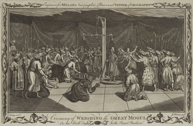 De ceremonie van het wegen van de Grote Mogol op zijn verjaardag door English School
