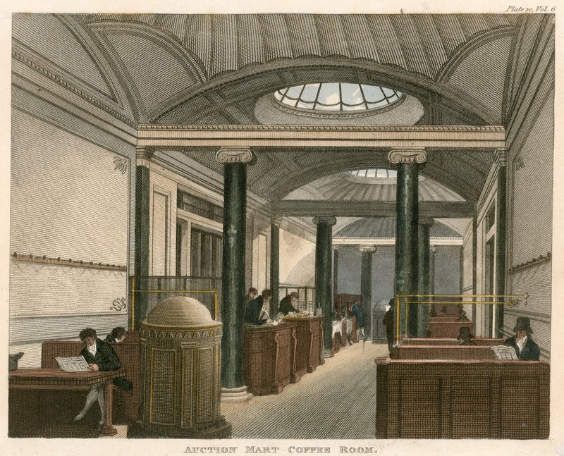De koffiekamer van de Auction Mart, St Bartholomews Lane, Londen door English School