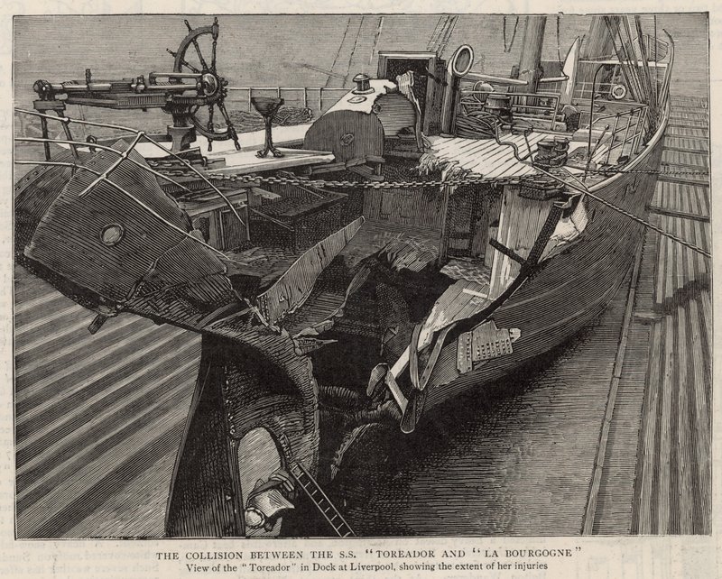 De botsing tussen de SS Toreador en La Bourgogne; uitzicht op de Toreador in dok in Liverpool door English School