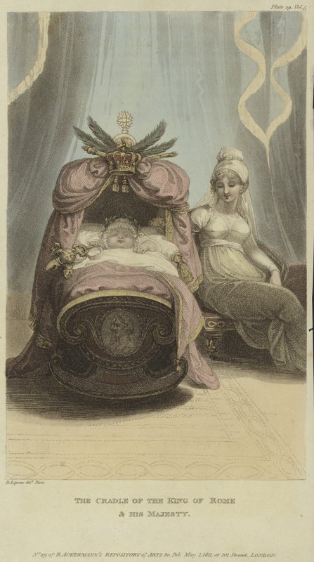 De wieg van de Koning van Rome en Zijne Majesteit (kleurgravure) door English School
