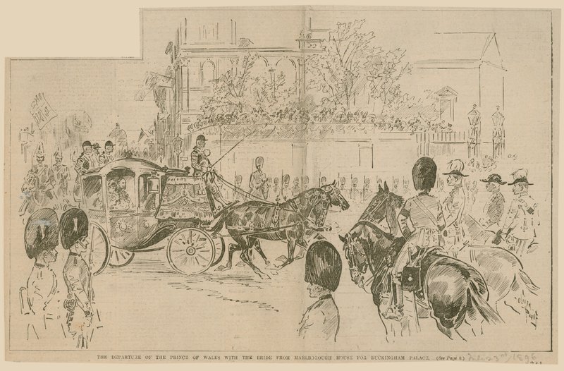 Het vertrek van de Prins van Wales met de bruid van Marlborough House naar Buckingham Palace, 23 juli 1896 door English School