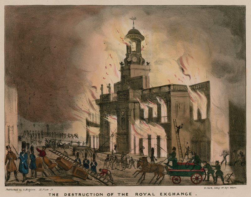 De vernietiging van de Royal Exchange, Londen, door brand in de nacht van 10 januari 1838 door English School