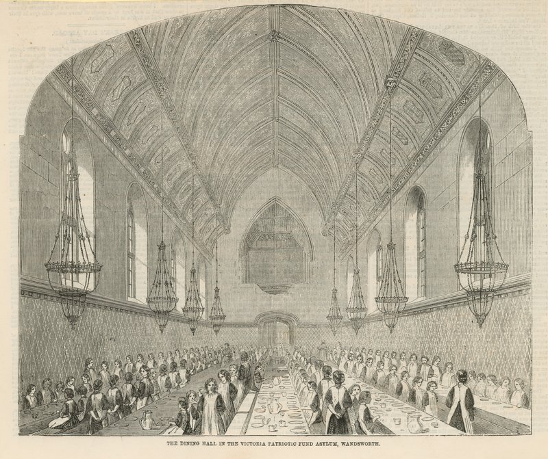 De eetzaal in het Victoria Patriottisch Fonds Asiel door English School