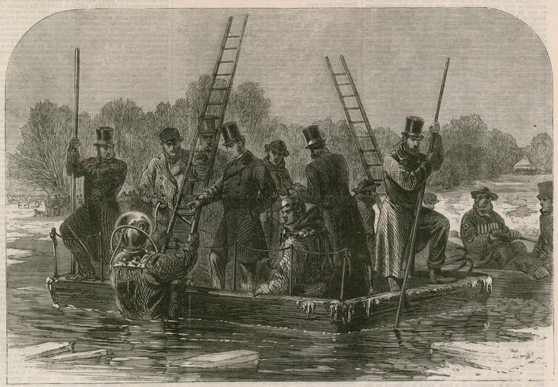 De ramp op het ijs in Regents Park; Duikers zoeken naar de doden door English School