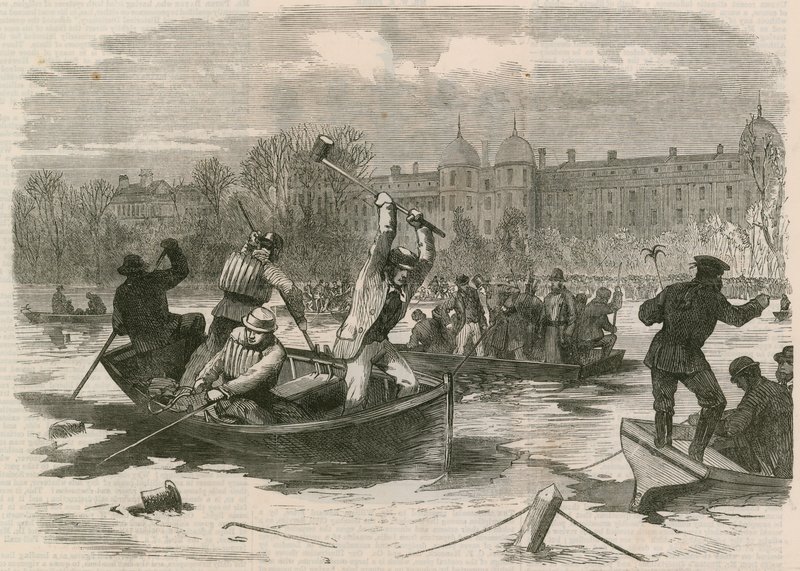 De ramp op het ijs in Regents Park; Het meer doorzoeken naar de doden door English School