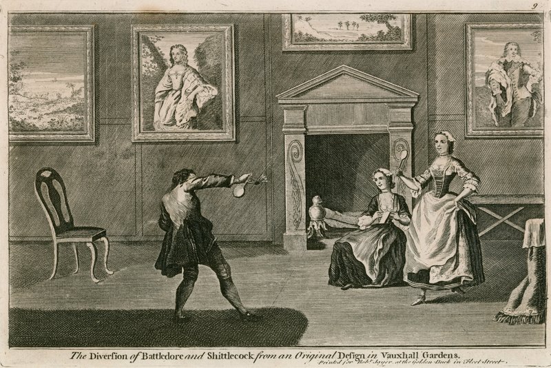 Het spel van Battledore en Shittlecock naar het originele ontwerp in Vauxhall Gardens, Londen door English School