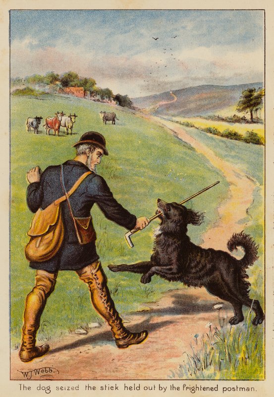 De hond greep de stok die de bange postbode uitstak door English School